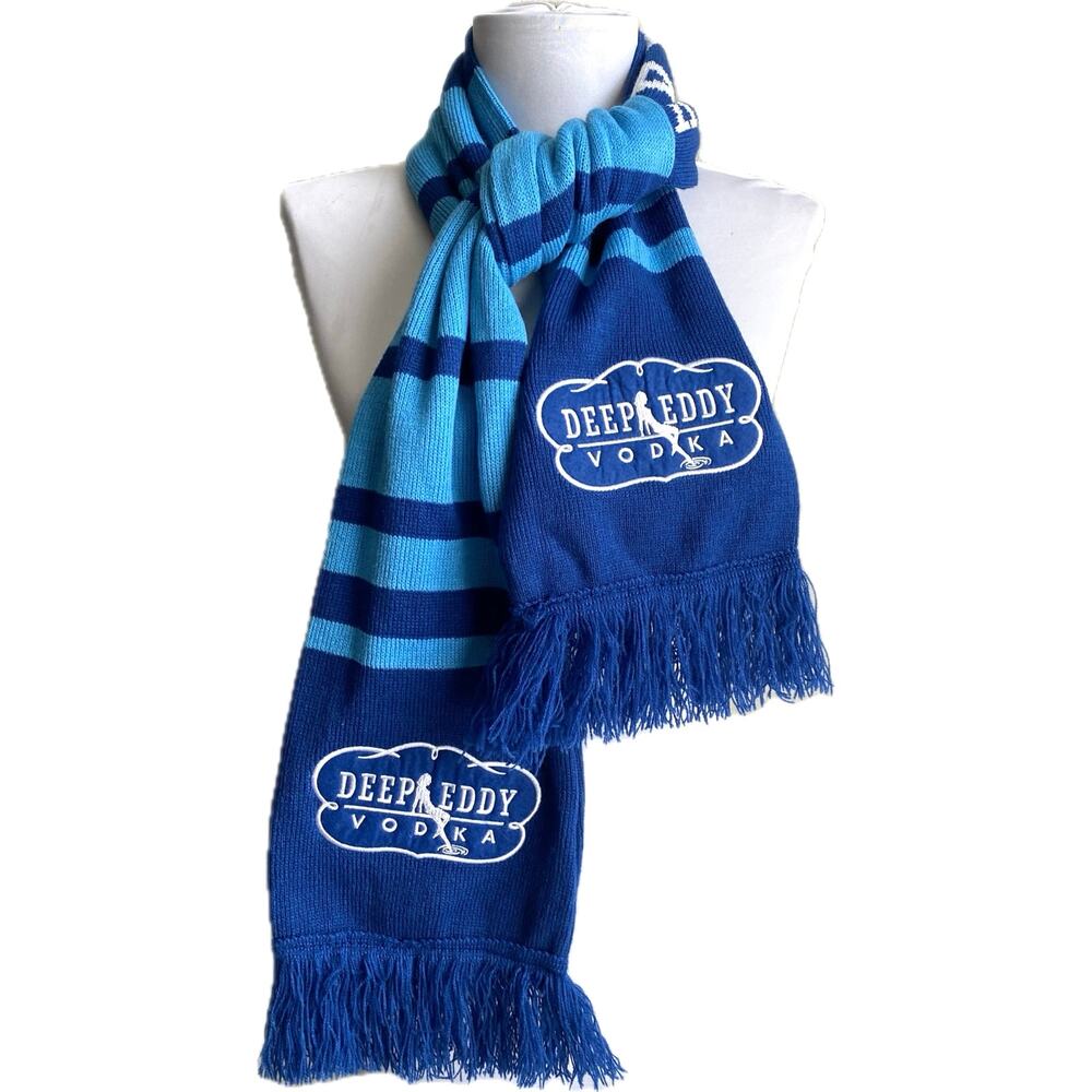 NEW DEEP EDDY VODKA Winter Striped Knit Scarf w Fringe & Embroidered Patches